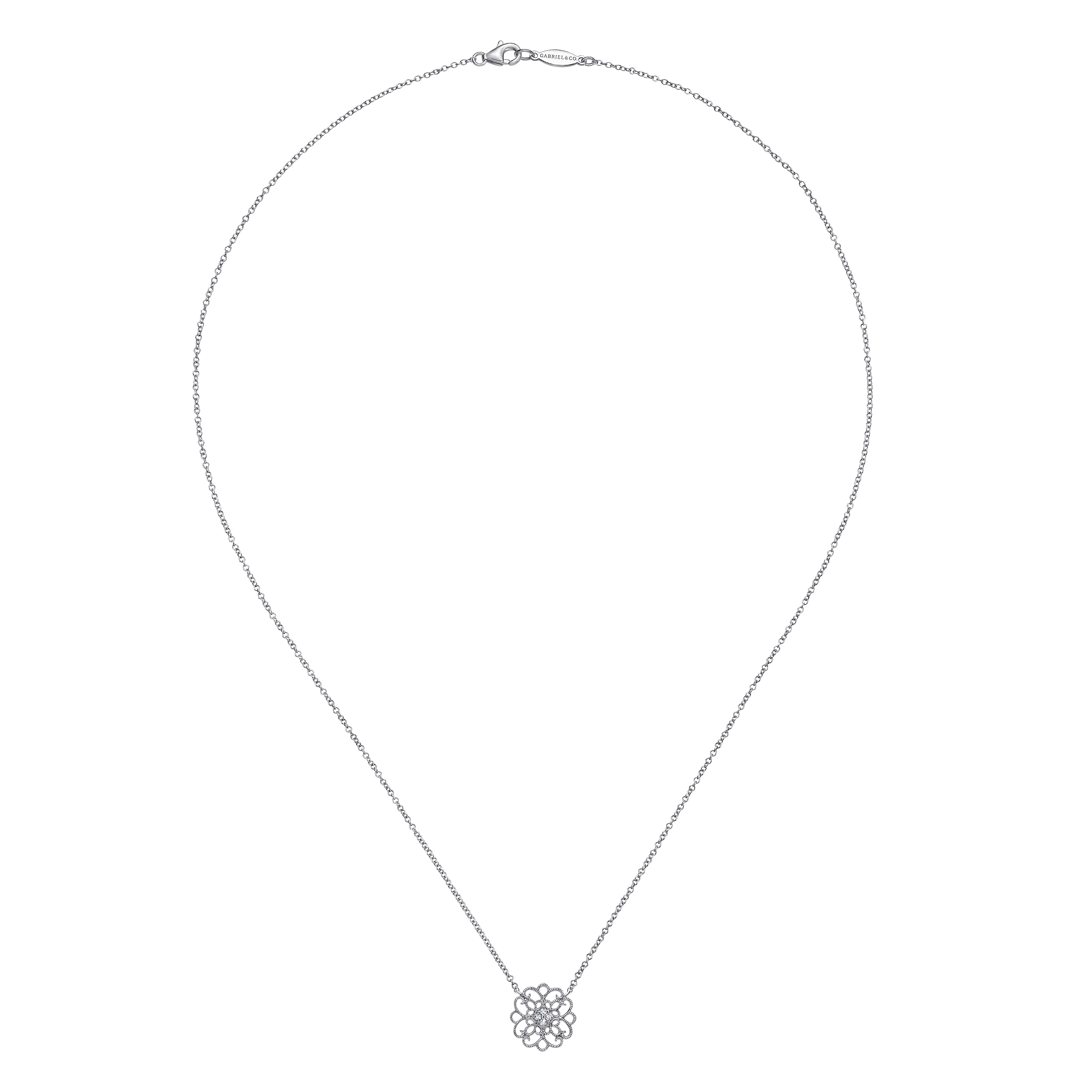 925 Sterling Silver Round Filigree White Sapphire Pendant Necklace