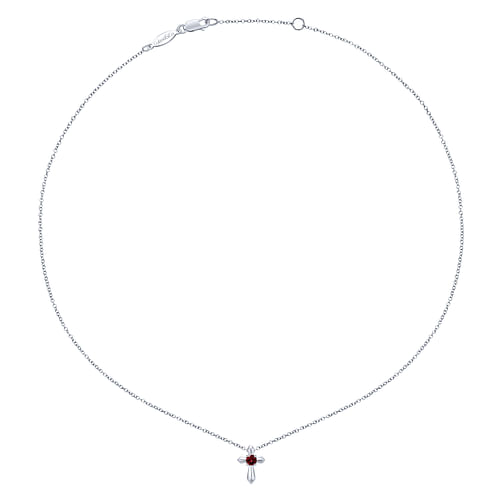 925 Sterling Silver Round Garnet Cross Necklace