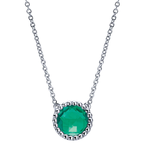 925 Sterling Silver Round Green Onyx Pendant Necklace