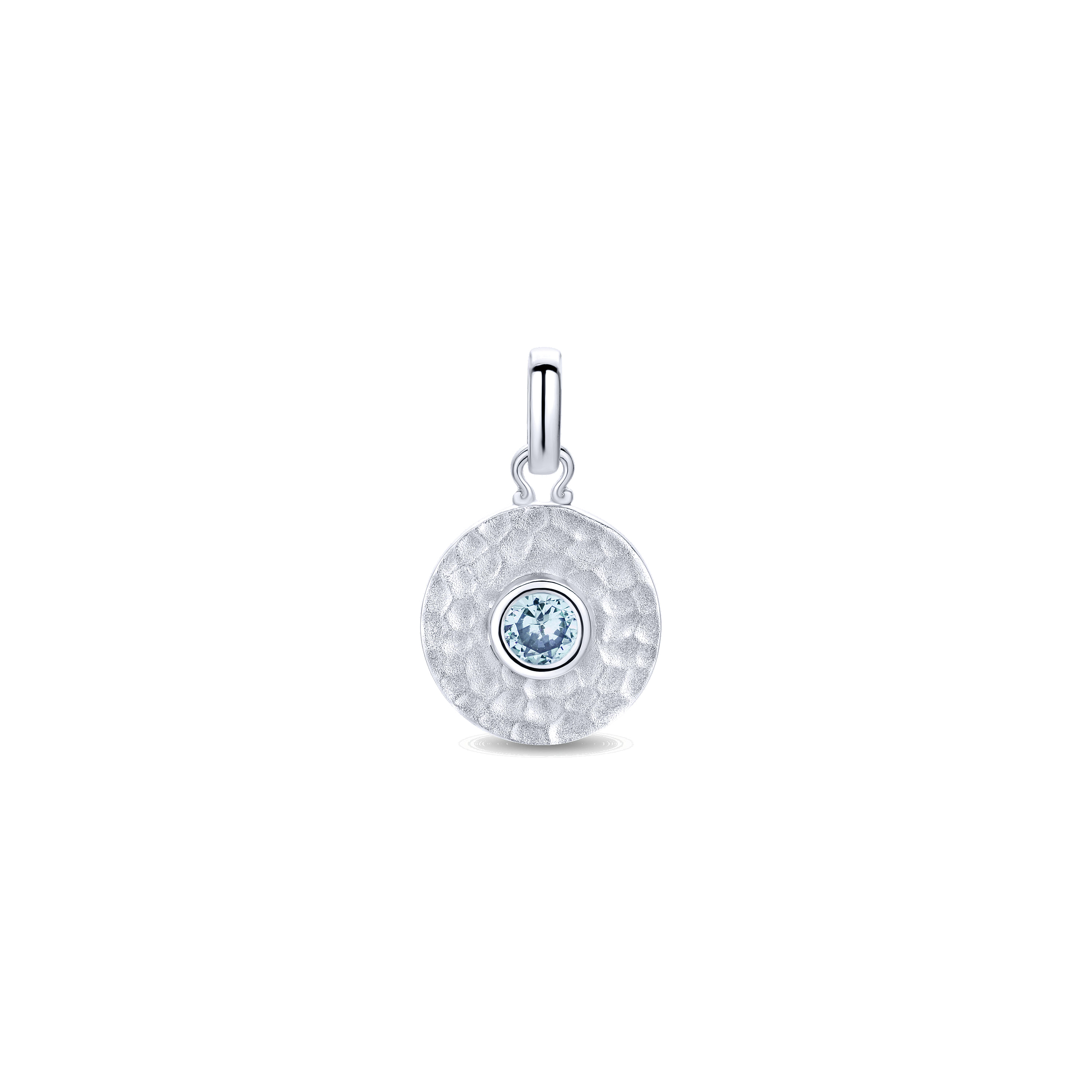 925 Sterling Silver Round Hammered Disc Aquamarine Pendant Necklace