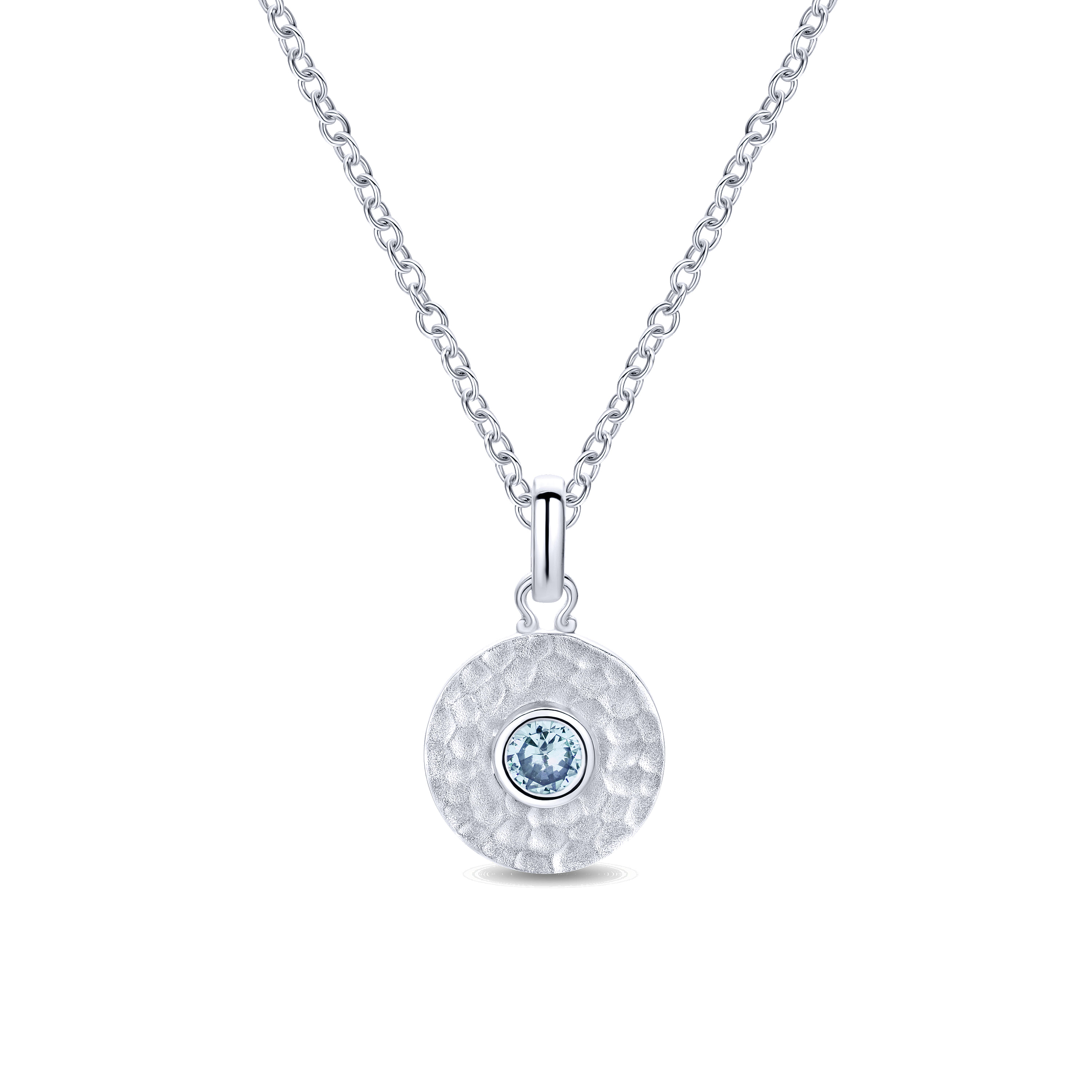 925 Sterling Silver Round Hammered Disc Aquamarine Pendant Necklace