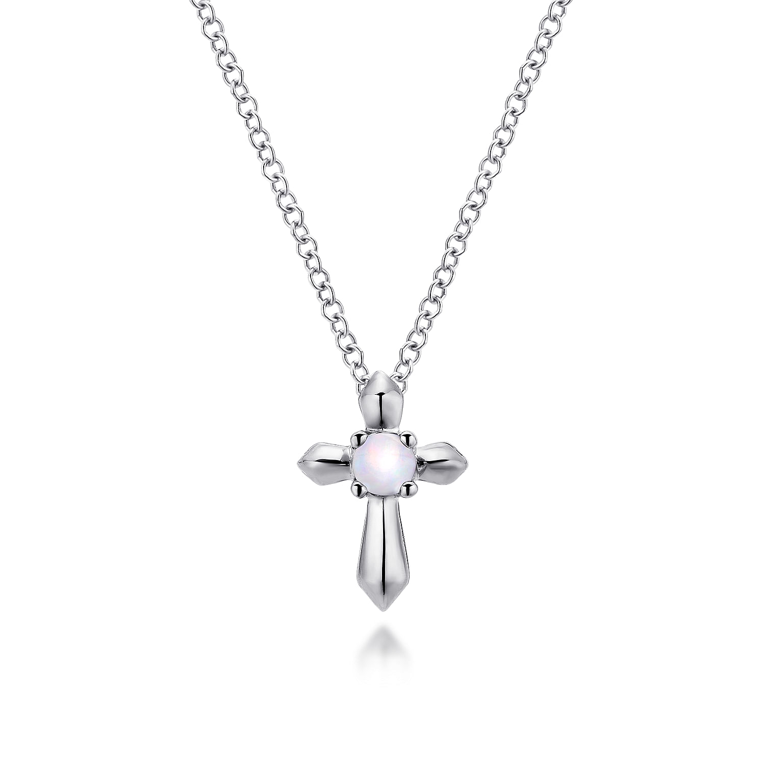 925 Sterling Silver Round Opal Cross Pendant Necklace
