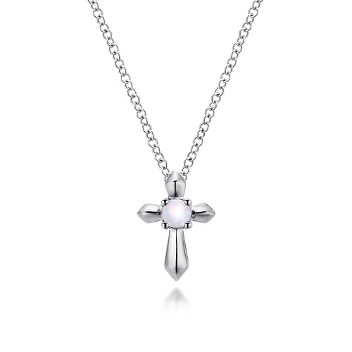 925 Sterling Silver Round Opal Cross Pendant Necklace