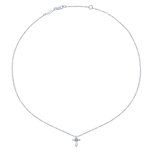 925 Sterling Silver Round Opal Cross Pendant Necklace