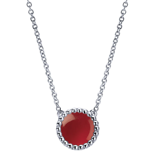 925 Sterling Silver Round Red Onyx Pendant Necklace