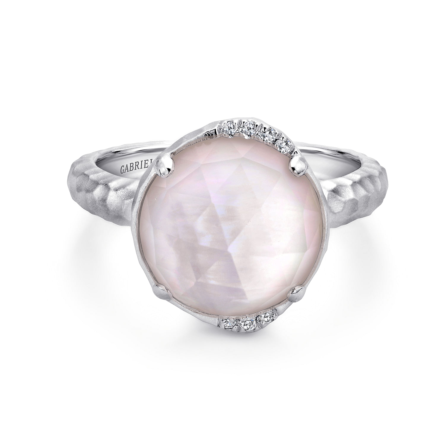 Gabriel - 925 Sterling Silver Round Rock Crystal & Pink Mother of Pearl Doublet and Diamond Ring