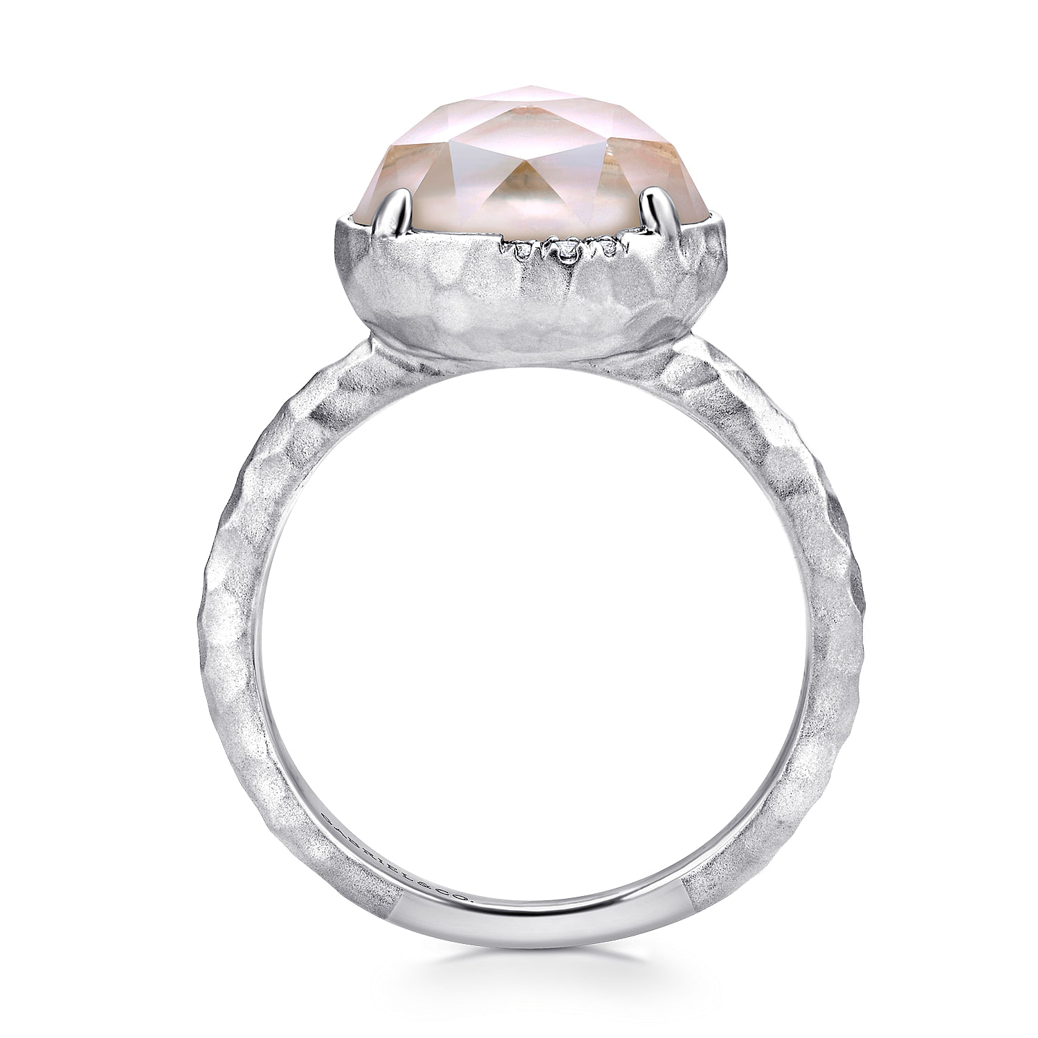 925 Sterling Silver Round Rock Crystal & Pink Mother of Pearl Doublet and Diamond Ring