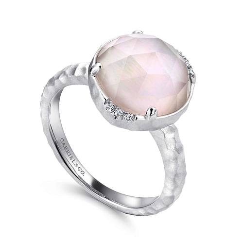 925 Sterling Silver Round Rock Crystal & Pink Mother of Pearl Doublet and Diamond Ring