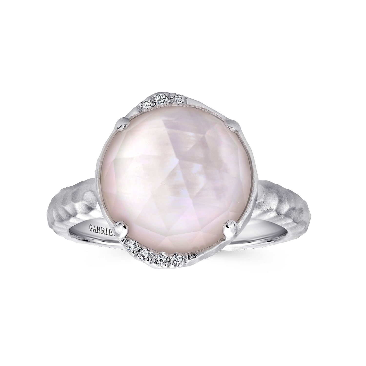 925 Sterling Silver Round Rock Crystal & Pink Mother of Pearl Doublet and Diamond Ring