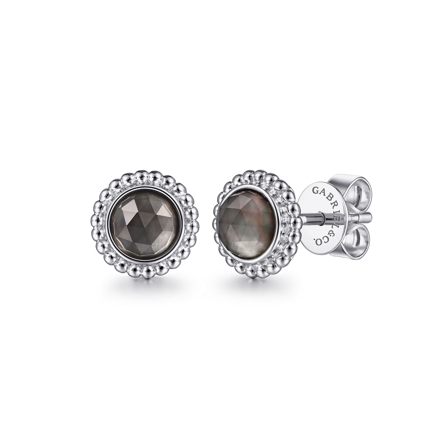 Gabriel - 925 Sterling Silver Round Rock Crystal/Black MOP Stud Earrings