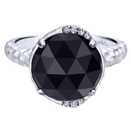 Gabriel - 925 Sterling Silver Round Rock Crystal/Black Onyx and Diamond Ring