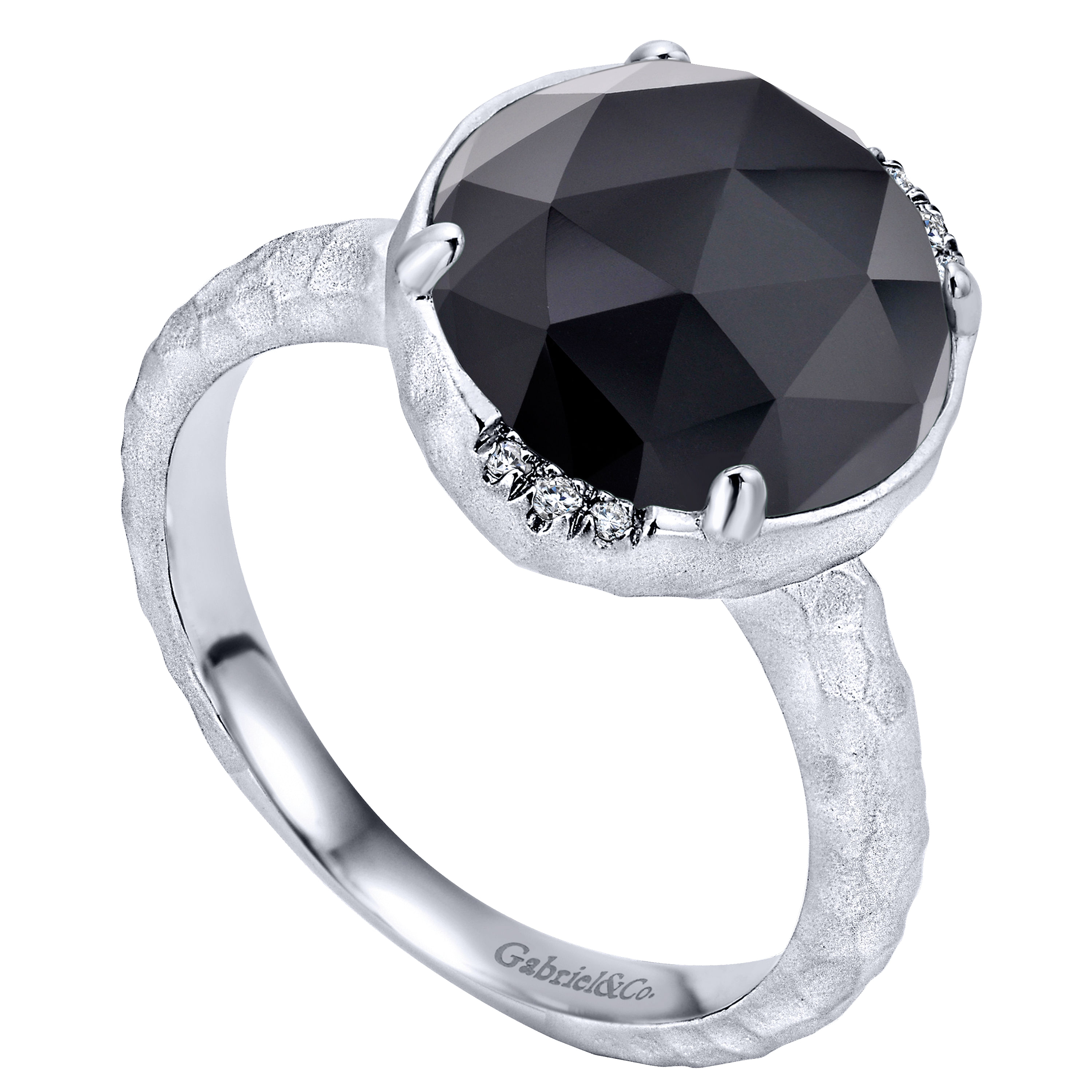 925 Sterling Silver Round Rock Crystal/Black Onyx and Diamond Ring