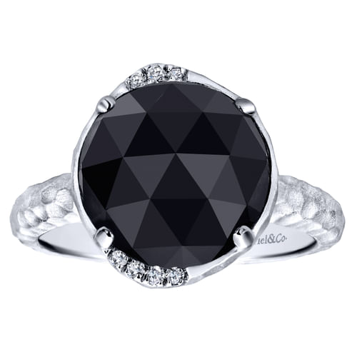 925 Sterling Silver Round Rock Crystal/Black Onyx and Diamond Ring