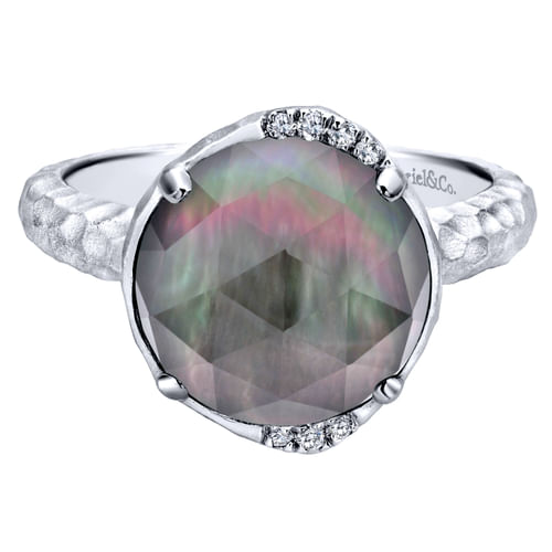 925 Sterling Silver Round Rock Crystal/Black Pearl and Diamond Ring
