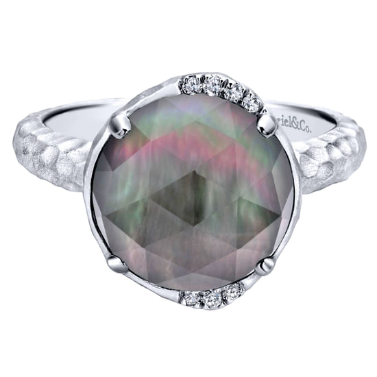 Gabriel - 925 Sterling Silver Round Rock Crystal/Black Pearl and Diamond Ring