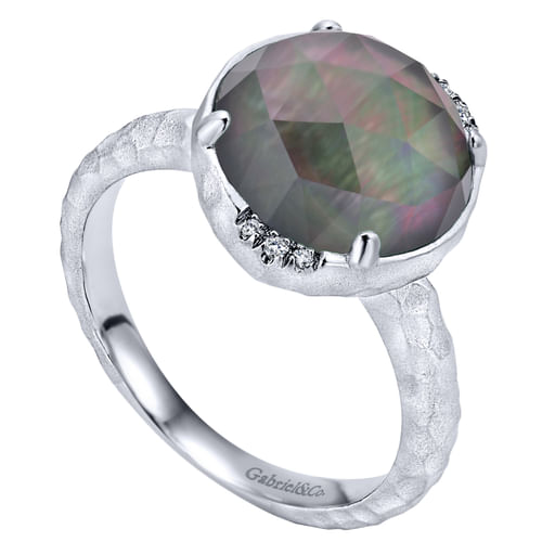 925 Sterling Silver Round Rock Crystal/Black Pearl and Diamond Ring
