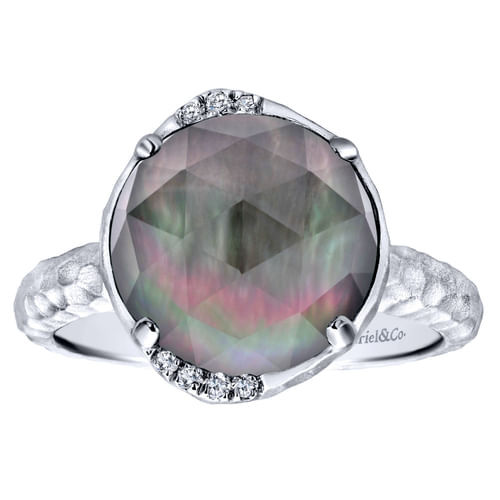 925 Sterling Silver Round Rock Crystal/Black Pearl and Diamond Ring