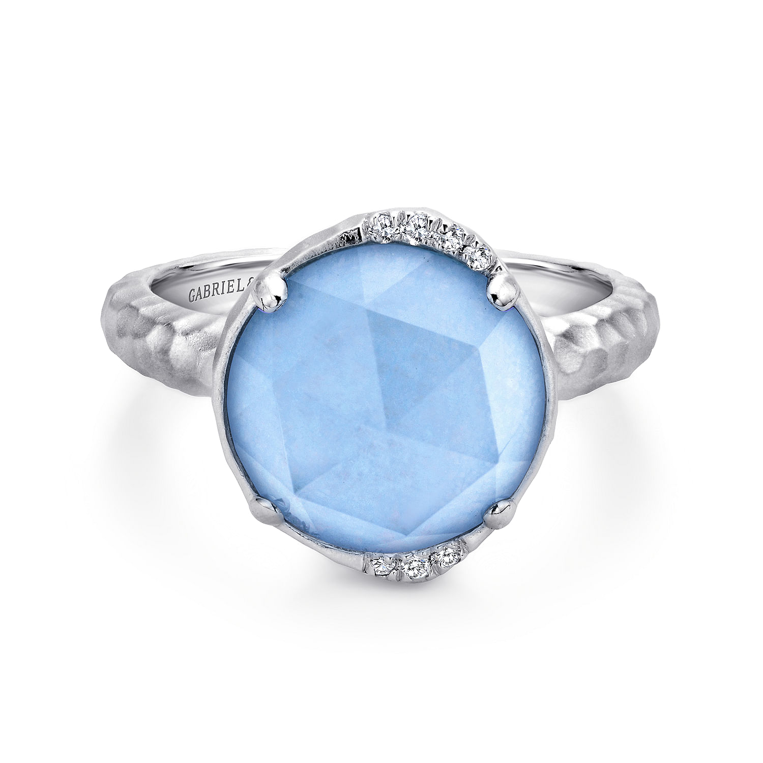 925 Sterling Silver Round Rock Crystal/Blue Jade and Diamond Ring