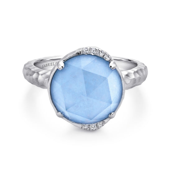 Gabriel - 925 Sterling Silver Round Rock Crystal/Blue Jade and Diamond Ring