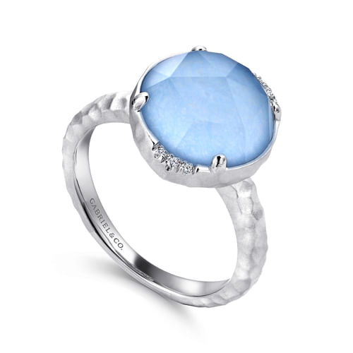 925 Sterling Silver Round Rock Crystal/Blue Jade and Diamond Ring