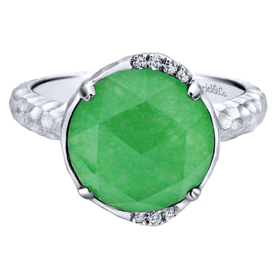 Gabriel - 925 Sterling Silver Round Rock Crystal/Green Jade and Diamond Ring