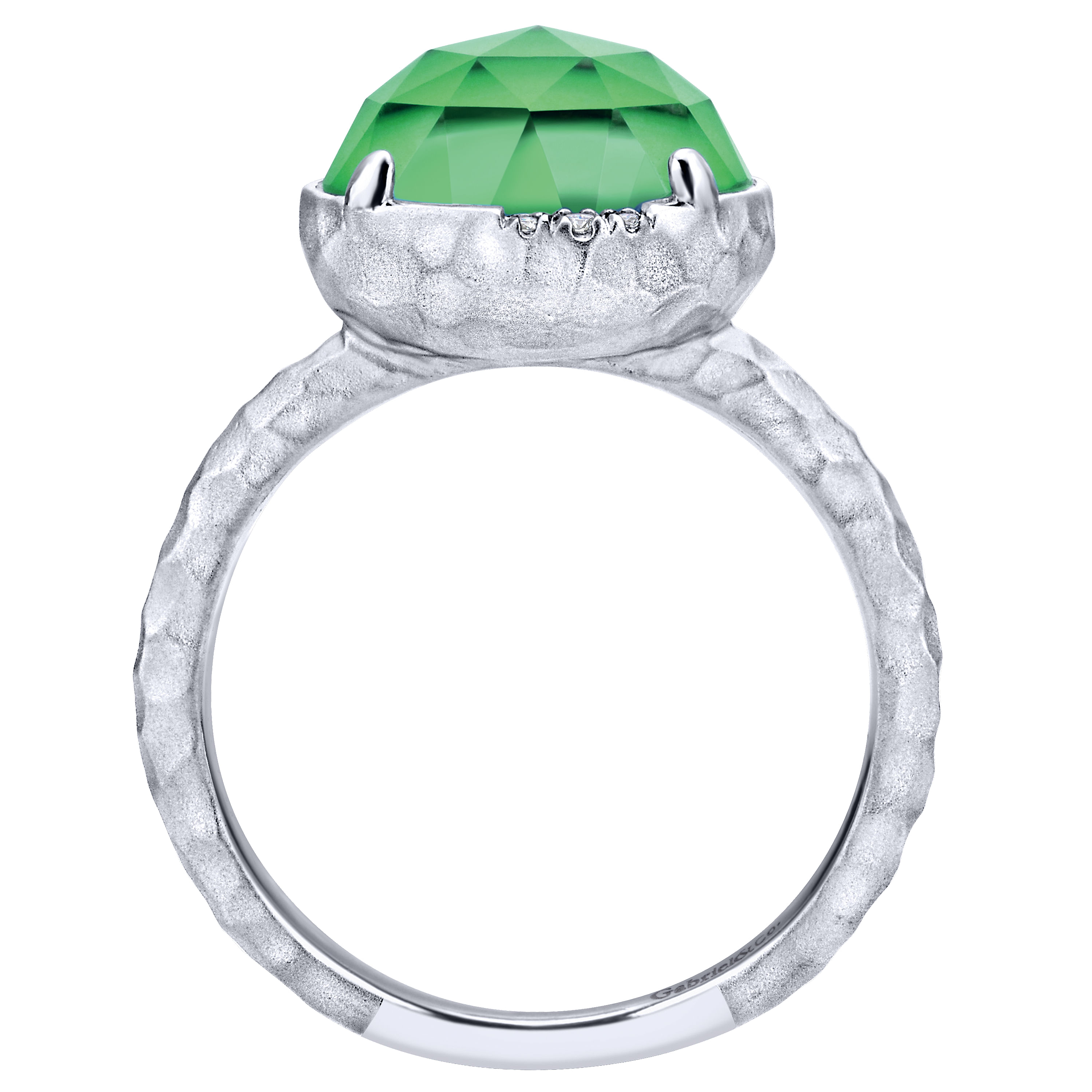 925 Sterling Silver Round Rock Crystal/Green Jade and Diamond Ring
