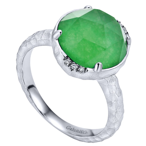 925 Sterling Silver Round Rock Crystal/Green Jade and Diamond Ring