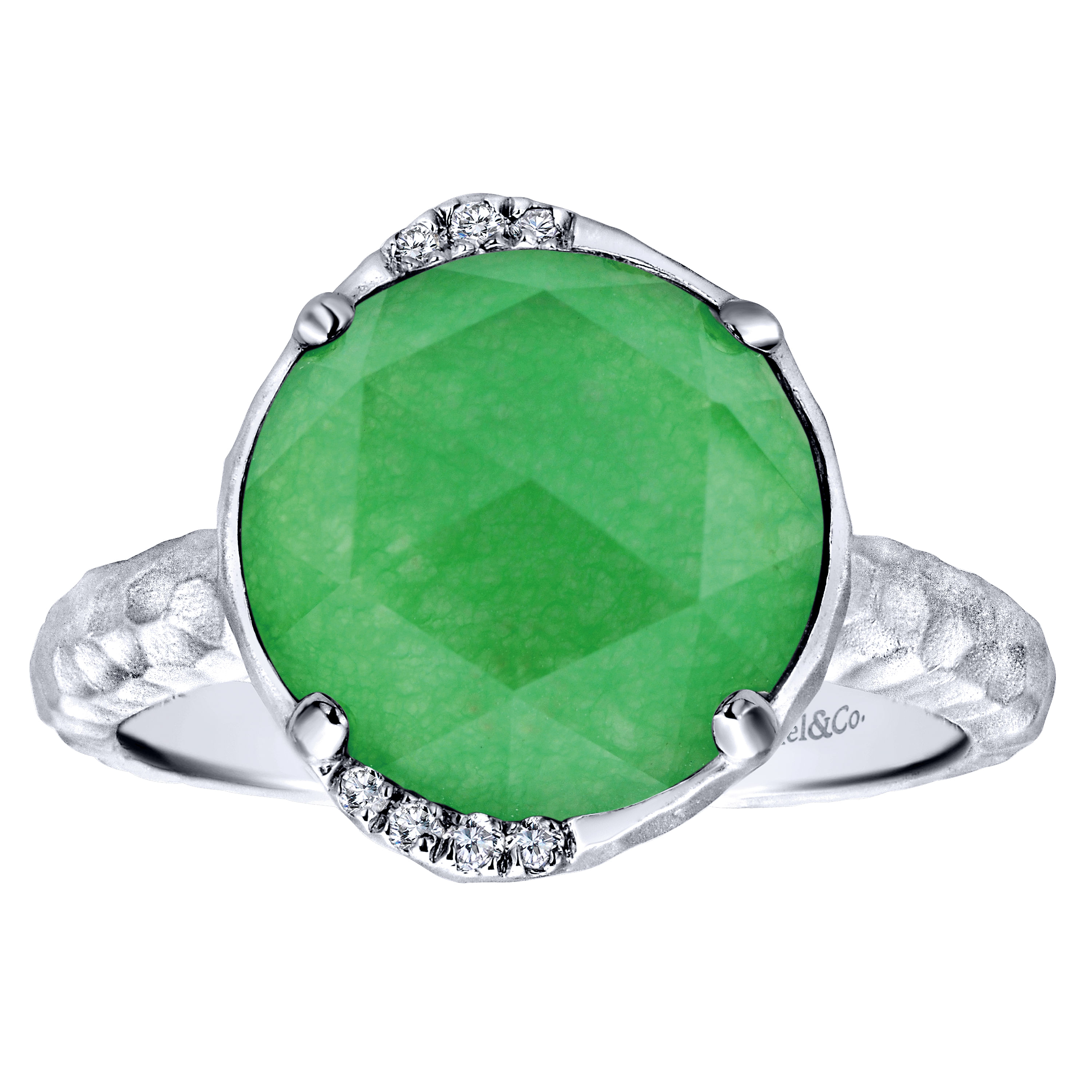 925 Sterling Silver Round Rock Crystal/Green Jade and Diamond Ring