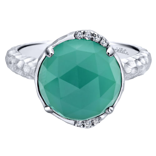 925 Sterling Silver Round Rock Crystal/Green Onyx and Diamond Ring