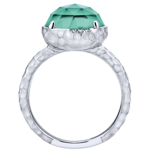 925 Sterling Silver Round Rock Crystal/Green Onyx and Diamond Ring