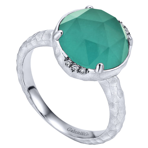 925 Sterling Silver Round Rock Crystal/Green Onyx and Diamond Ring