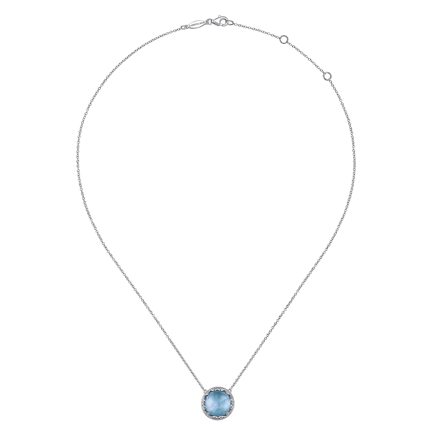 925 Sterling Silver Round Rock Crystal/MOP/Turquoise and White Sapphire Pendant Necklace
