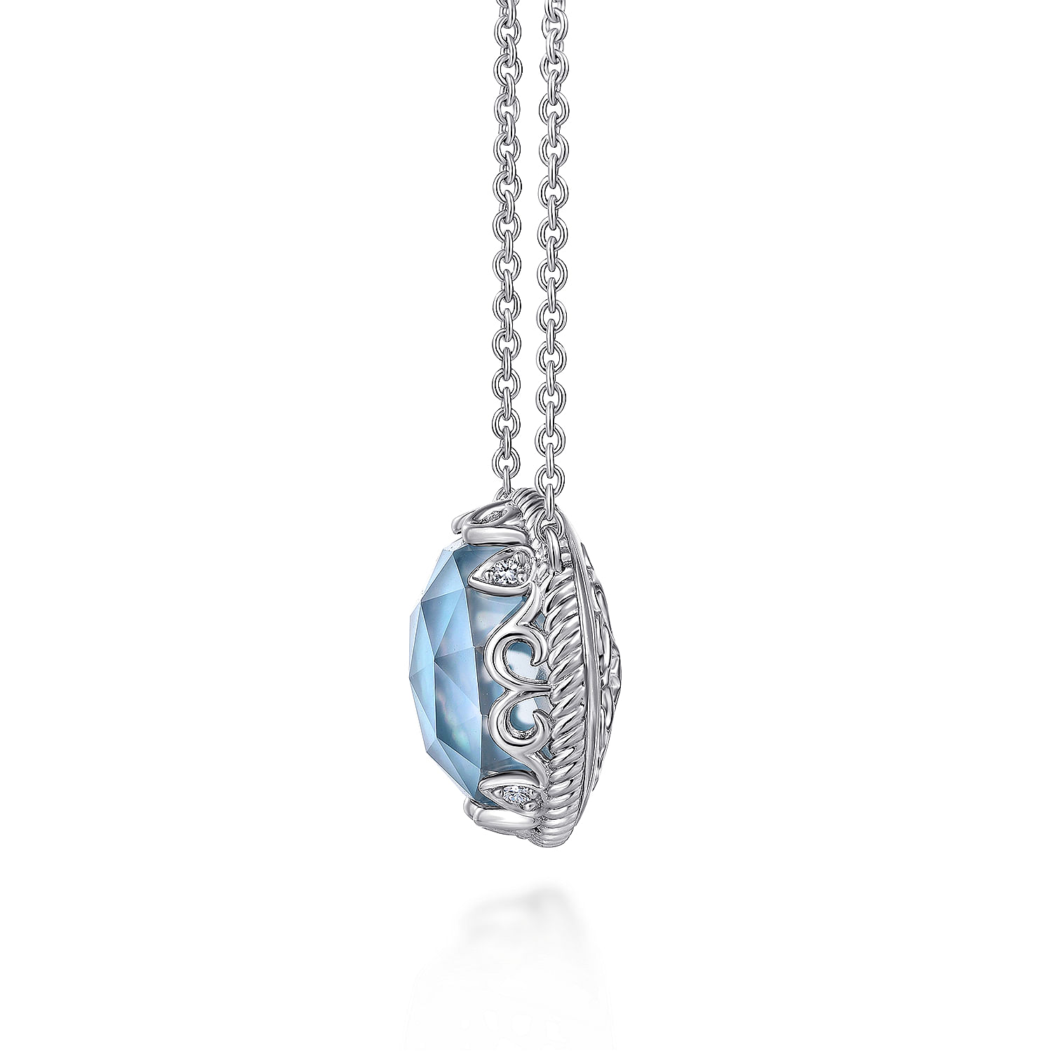 925 Sterling Silver Round Rock Crystal/MOP/Turquoise and White Sapphire Pendant Necklace