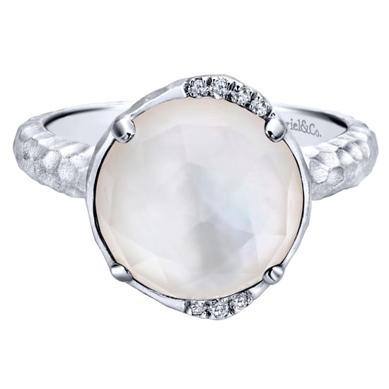 Gabriel - 925 Sterling Silver Round Rock Crystal/MOP and Diamond Ring