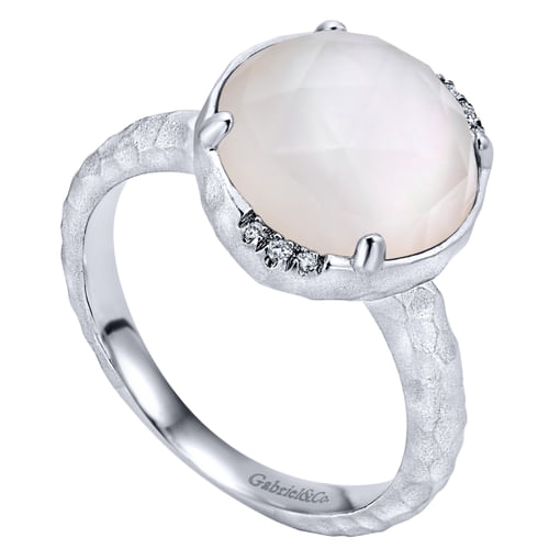 925 Sterling Silver Round Rock Crystal/MOP and Diamond Ring