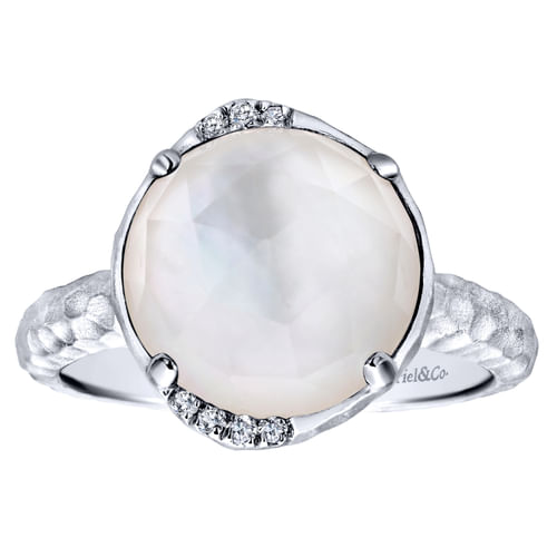 925 Sterling Silver Round Rock Crystal/MOP and Diamond Ring
