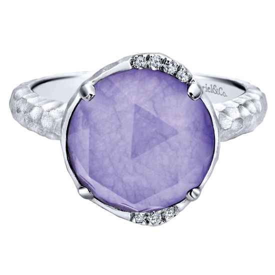 Gabriel - 925 Sterling Silver Round Rock Crystal/Purple Jade and Diamond Ring