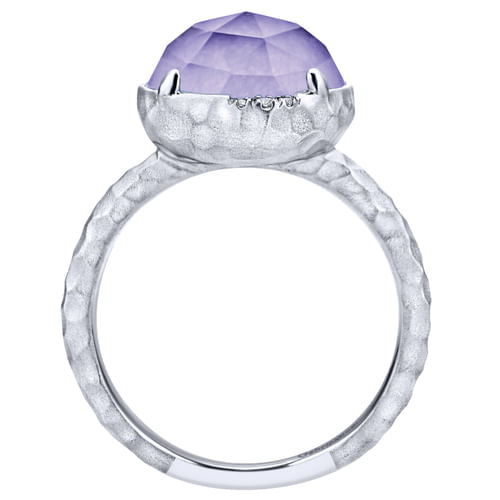 925 Sterling Silver Round Rock Crystal/Purple Jade and Diamond Ring