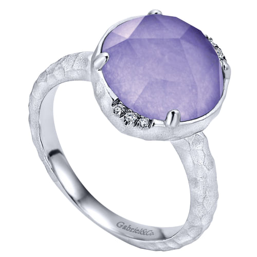 925 Sterling Silver Round Rock Crystal/Purple Jade and Diamond Ring