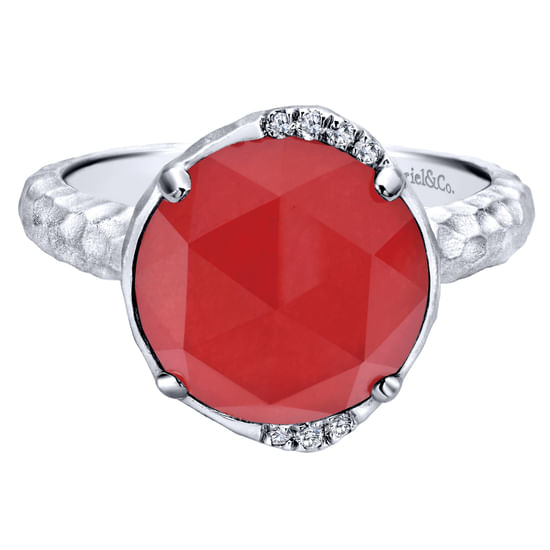 Gabriel - 925 Sterling Silver Round Rock Crystal/Red Jade and Diamond Ring