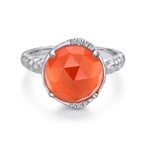 925 Sterling Silver Round Rock Crystal/Red Onyx and Diamond Ring