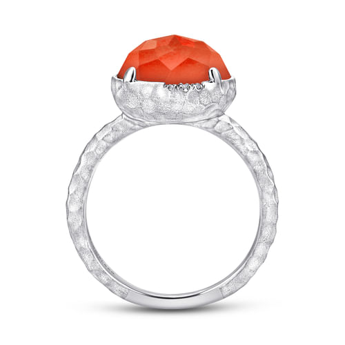 925 Sterling Silver Round Rock Crystal/Red Onyx and Diamond Ring