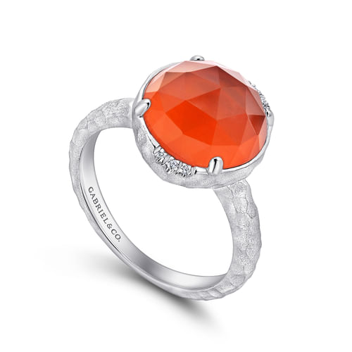 925 Sterling Silver Round Rock Crystal/Red Onyx and Diamond Ring