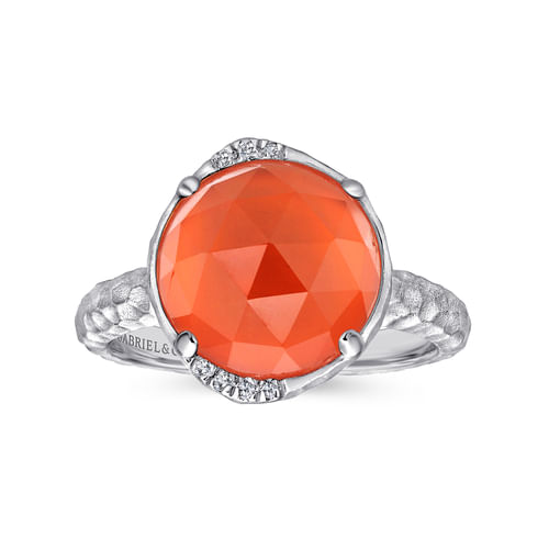 925 Sterling Silver Round Rock Crystal/Red Onyx and Diamond Ring