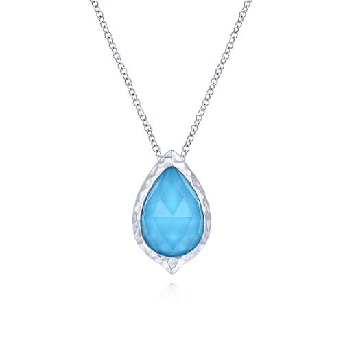 925 Sterling Silver Round Rock Crystal/Turquoise Doublet Teardrop Pendant Necklace