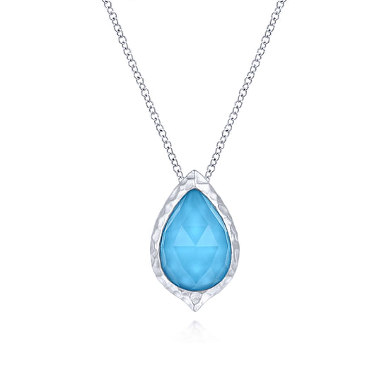 Gabriel - 925 Sterling Silver Round Rock Crystal/Turquoise Doublet Teardrop Pendant Necklace