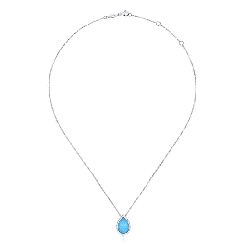 925 Sterling Silver Round Rock Crystal/Turquoise Doublet Teardrop Pendant Necklace