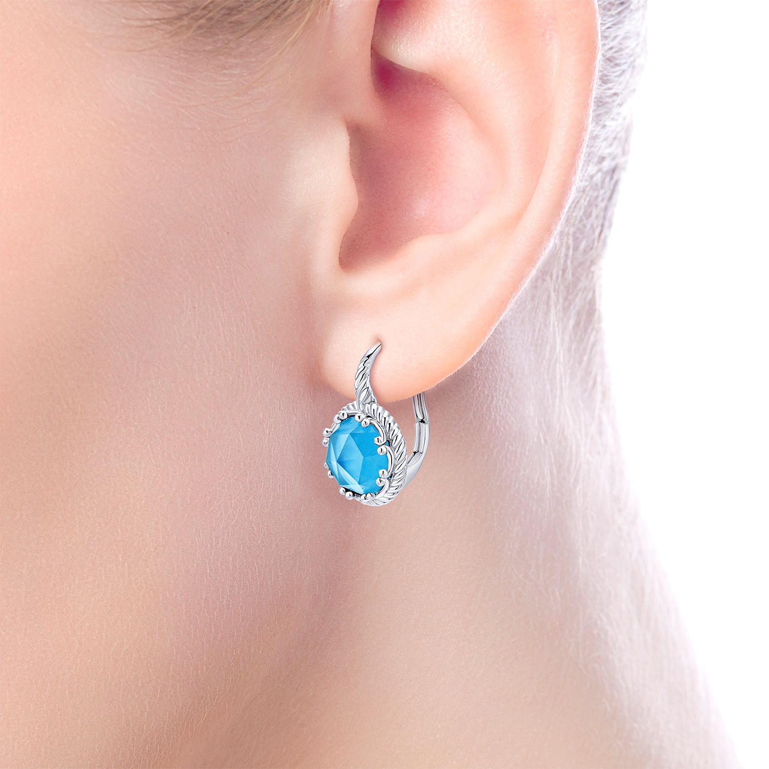 925 Sterling Silver Round Rock Crystal/Turquoise Drop Earrings