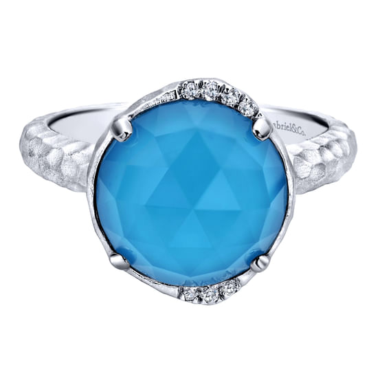Gabriel - 925 Sterling Silver Round Rock Crystal/Turquoise and Diamond Ring