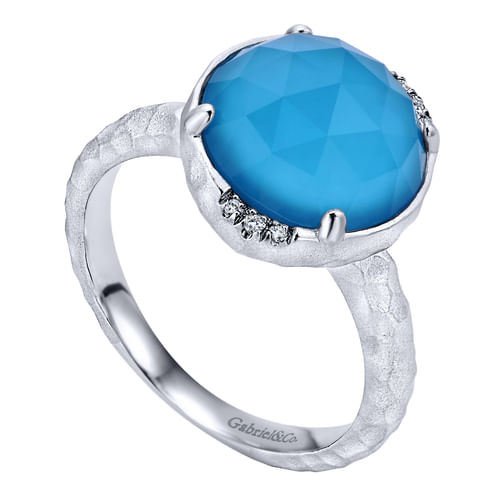 925 Sterling Silver Round Rock Crystal/Turquoise and Diamond Ring